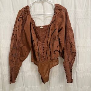 Free People Linen Long Sleeve Bodysuit Brown Womens Medium Smocked Cut Outs